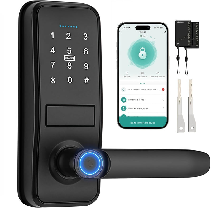 Keypad Smart Door Lock with Handle, QWUE Keyless Entry Smart Lock for Front Door, 5-in-1 Smart Unlock Solution, APP Control, Anti-Peep Keypad Code, Easy Installation and Waterproof Design