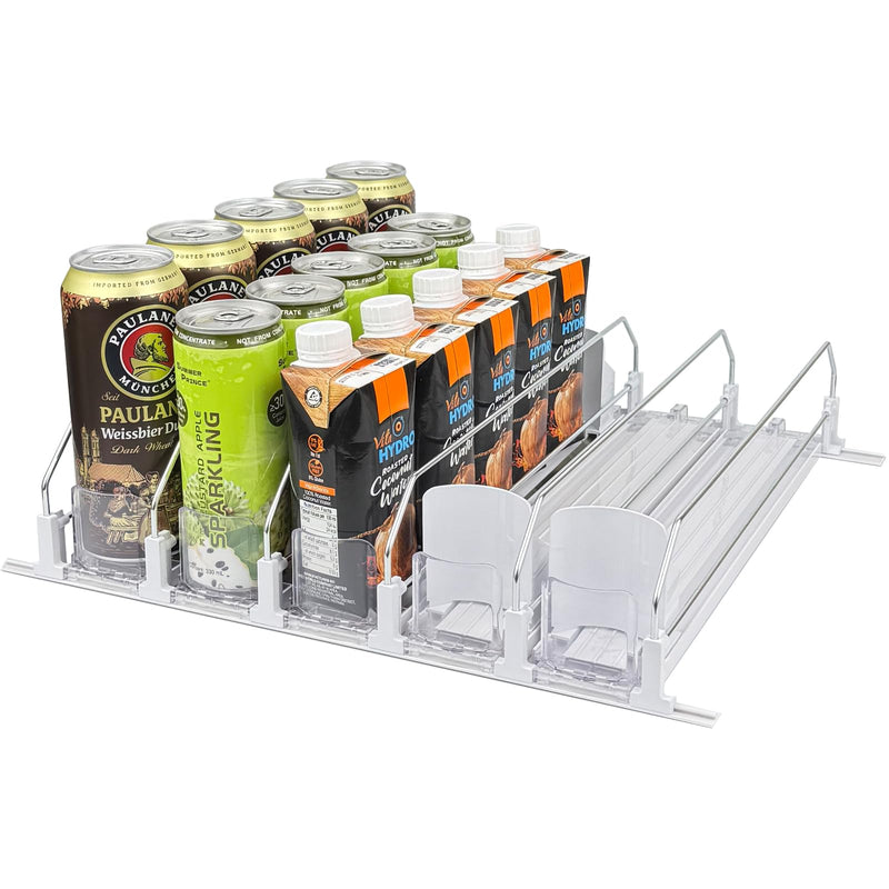 Drink Organizer for Fridge, Self Pushing Soda Can Dispenser for Refrigerator, Automatic Beverage Pusher Glide Beer Water Bottle Holder -5 Rows, White 15" D × 16.1"W × 3.4"H - 5 Rows