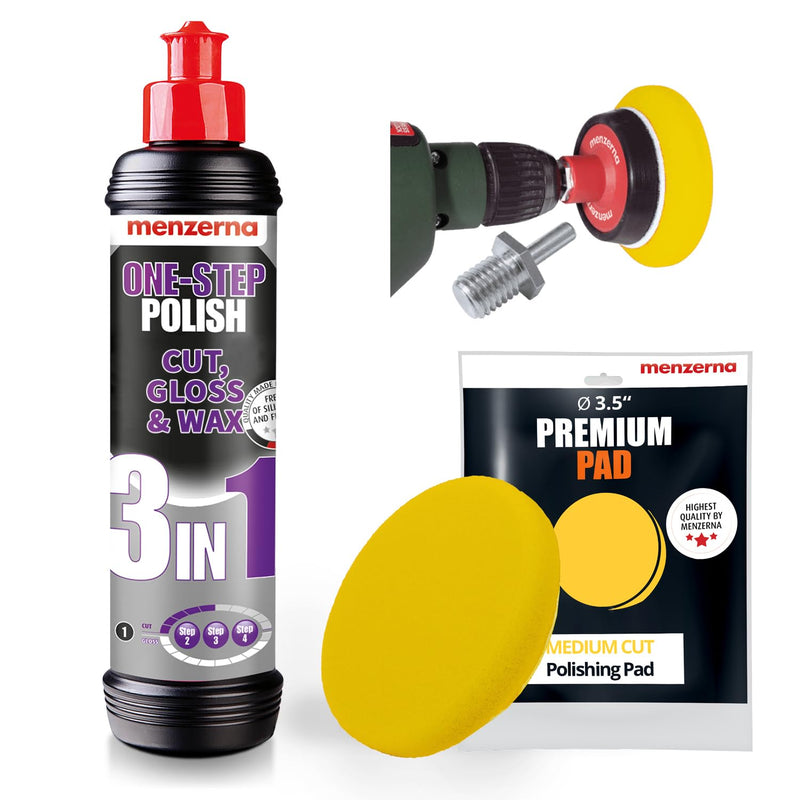 menzerna 3in1 Polishing Set – One-Step Polish (8oz) + Drill Machine Adapter + Medium Cut Pad | Polish Your Car with a Cordless Drill Adapter Set