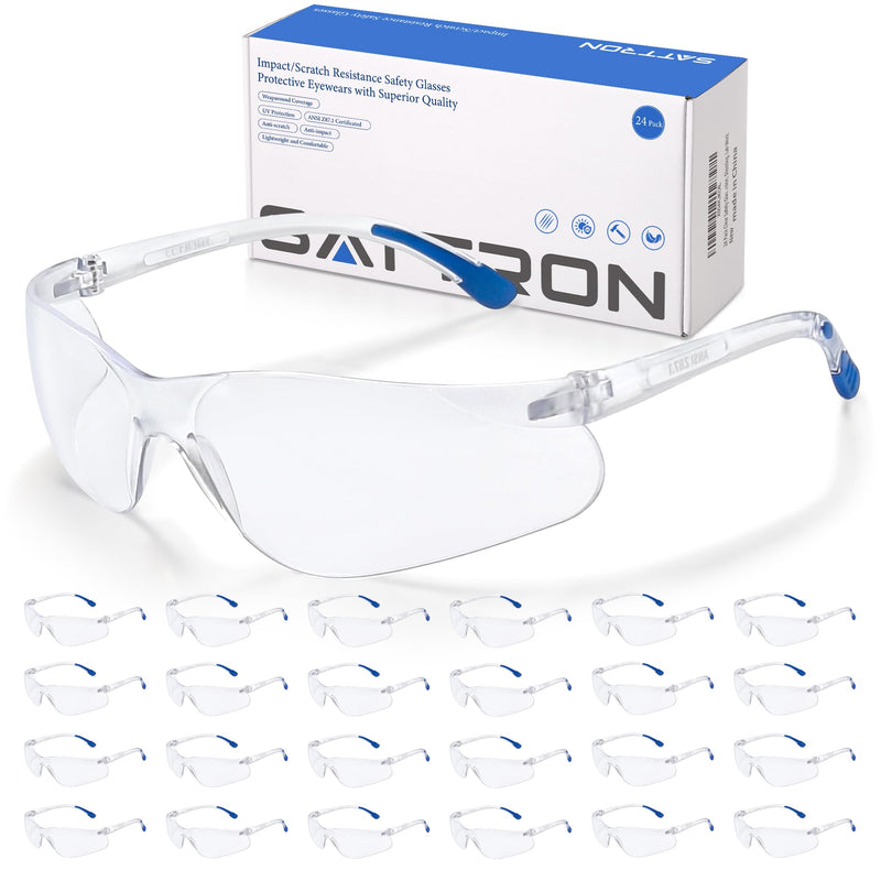 Clear Safety Glasses 24pk, Protective Eyewear UV Protection ANSI Z87.1, Safety Goggles Scratch& Impact Resistant Eye Protection for Men Women Work Construction Lab Clear& Blue Frame Clear Lens/Blue Tips 24pack