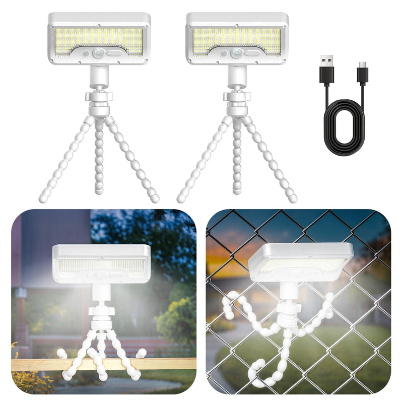 Tryme Solar Lights Outdoor with Motion Sensor, USB & Solar Powered, Adjustable Angle, 3 Modes, Octopus Stand, IP65 Waterproof Fence Lights for Garden, Gate (2 Pack) White 2 PACK