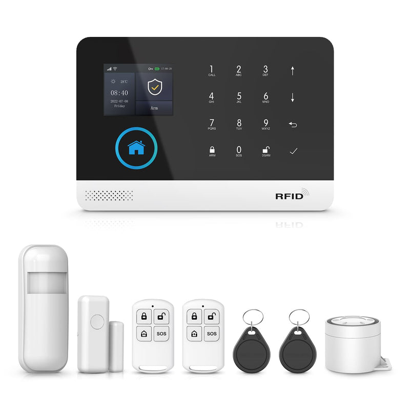 PGST WiFi Home Alarm System,2.4" Colorful Screen Home Security System,8 Pieces Wireless Burglar Door Alarm Kits,Motion Detectors,Siren,4G SMS/Phone Tuya APP Instant Alerts for Home,Villa,Apartment 8 PIECE KITS