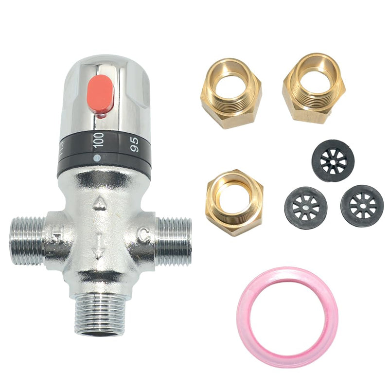 Thermostatic Mixing Valve,Solid Brass- Golden Thermostatic Shower Valve,1/2" NPT Thread Water Heater Mixing Valve for bathroom showers, solar systems and kitchen faucets,etc. (Silver) Silver