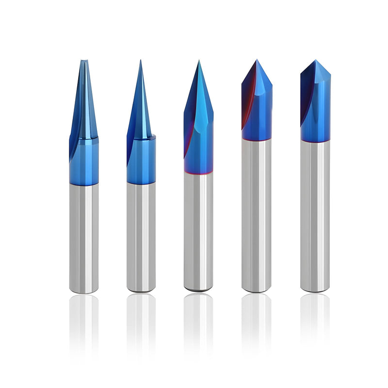 CNC Wood Carving Router Bits Set of 5, 1/4 Shank, 15°/20°/30°/60°/90° Engraving Bits 2 Flutes Straight CNC V-bit with Nano Blue Coating CNC Milling Cutter Engraving Router
