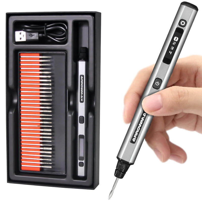 AM ARROWMAX Mini Engraving Pen: Ultimate Cordless Portable Tool for Artists & DIYers - Engrave 50+ Surfaces - Beginner Friendly - Engraving Pen for Bead, Metal, Wood, Glass and Plastic Grey-simple