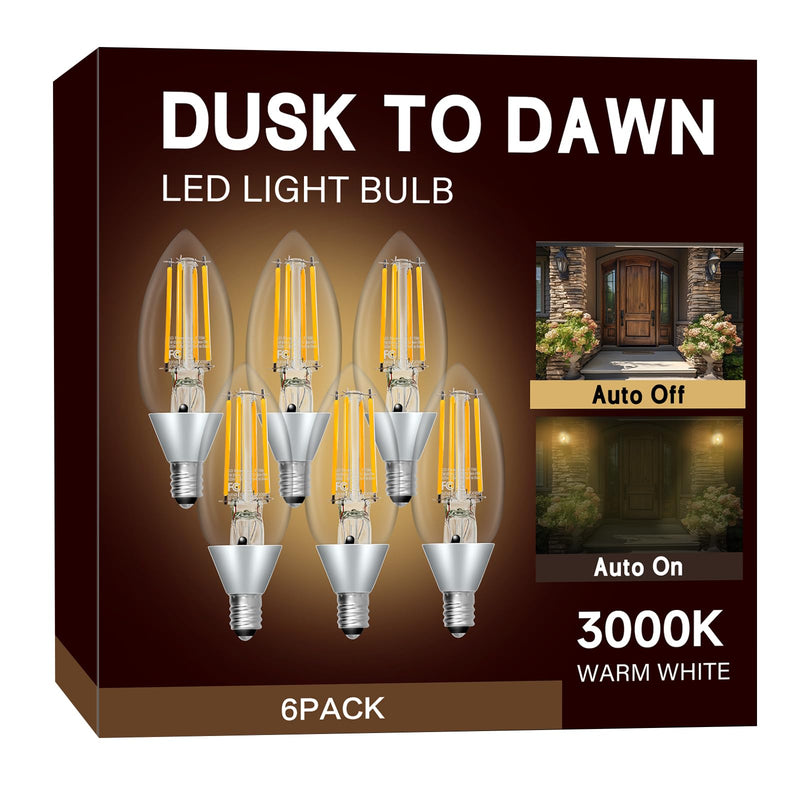 Dusk to Dawn LED Outdoor Light Bulb, Candelabra Light Bulbs Outdoor, 5W Equivalent 40W, 3000K Warm White, 500LM, Edison E12 Base B11, Photocell Sensor for Porch Sconces Patio Garage, 6 Pack