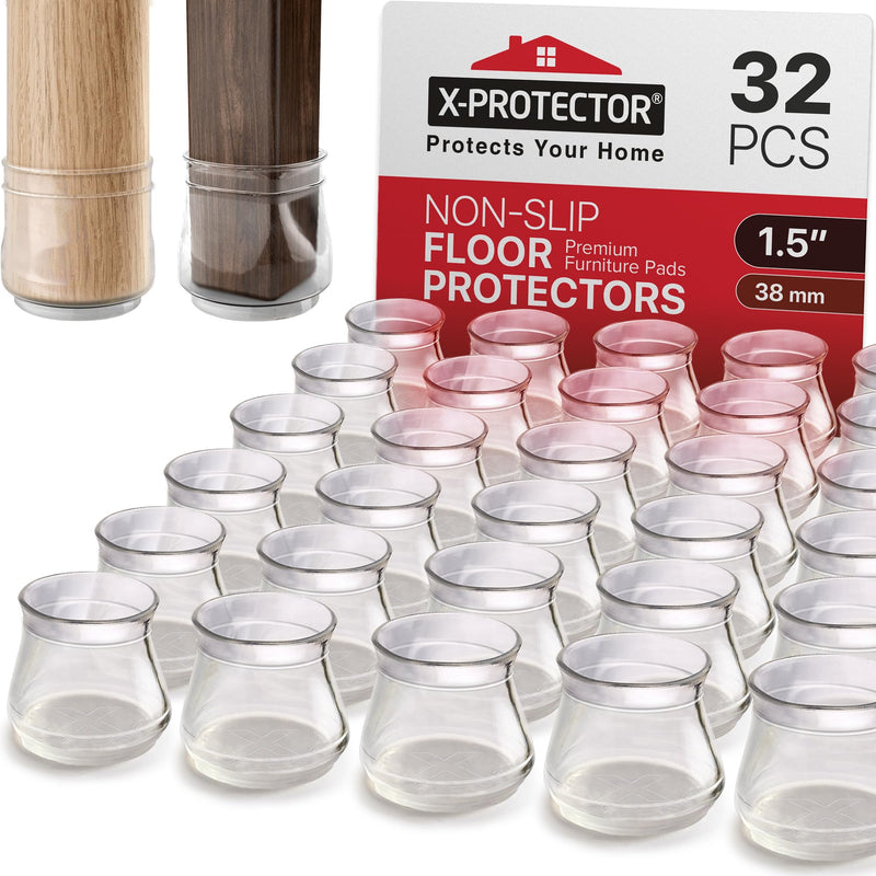 X-Protector Silicone Chair Leg Floor Protectors with Non-Slip Furniture Pads - 32 PCS 1.3" - 2" - Anti-Slip Chair Leg Covers - Non-Skid Furniture Leg Caps - Furniture Pads for Hardwood Floors! 32 Clear Non-Slip Cups (1.3 - 2")
