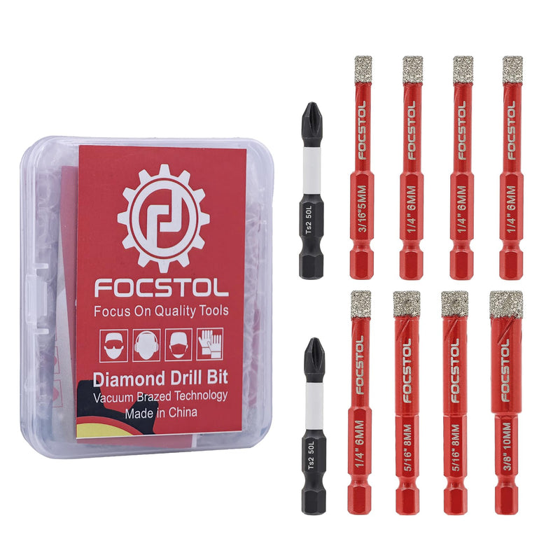 FOCSTOL Diamond Drill Bits Set 10pcs, 3/16''-3/8'' Tile Drill Bit with 1/4 Inch Quick Change Hex Shank for Porcelain Ceramic Tile Marble Granite Quartz SET2