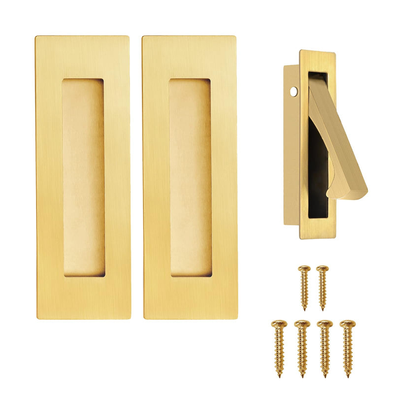 Pocket Door Handles and Edge Pull Brushed Brass, 6Inch Handles Hardware Latch,Recessed Finger Flush Pulls,for Closet,Sliding,Barn Door Model A Brushed Gold