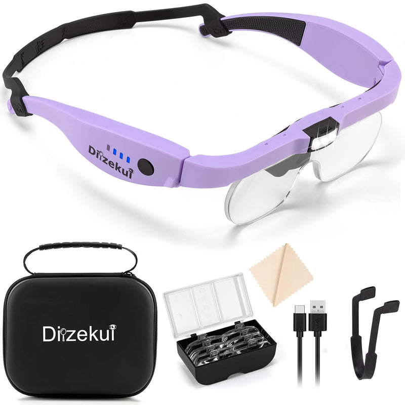 Magnifying Glass with Light, Rechargeable Magnifying Glasses 1.5X-5X Lenses, Magnify Glasses for Close Work with Carry Case, Magnifier Headset Headband Magnifier for Craft Hobby Cross Stitch Purple