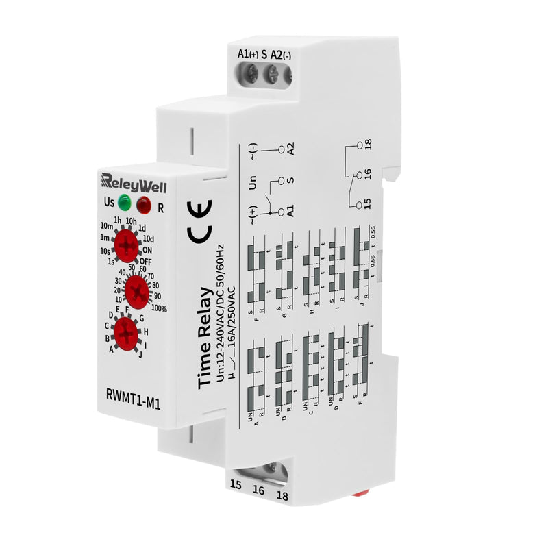 Delay Time Relay, GRT8-M1 AC DC 12V, 24V, 120V, 16A Multifunction Timer Relay with 10 Function Selections, 0.1 sec-10 Days, Delay ON Off, Din Rail Timer (M1 AC/DC 12V-240V) RW-M1-JDQ 12-240V