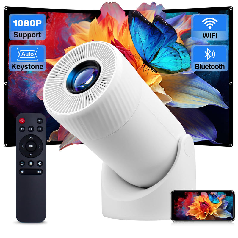 Mini Projector Supports 4k, Wifi, Bluetooth, and 180 Degree Roation Built in Speaker Connects to Phone iPhone/Android/TV Stick, Outdoor Projector 1-White