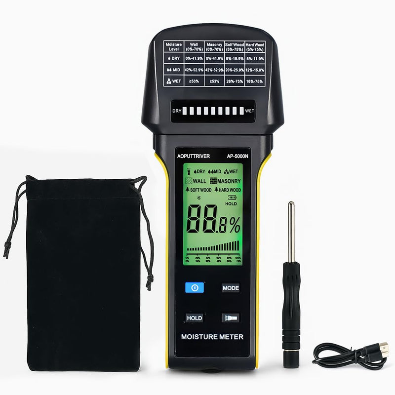 Pinless Moisture Meter for Walls & Wood, Non-Invasive Moisture Detector with 20mm Deep Scan, Tri-Color LCD & Audible Alarm, Water Damage Detection for Home Inspections, Renovation, Built-in Flashlight AP-5000N