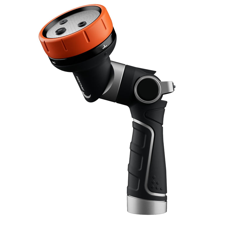 RESTMO Multi-Angle Garden Hose Nozzle with Sprinkler Function, Heavy Duty Water Hose Nozzle with 4 Spray Patterns, Magic Twist and Thumb Flow Control for Garden Watering, Car Washing & Yard, Orange 1