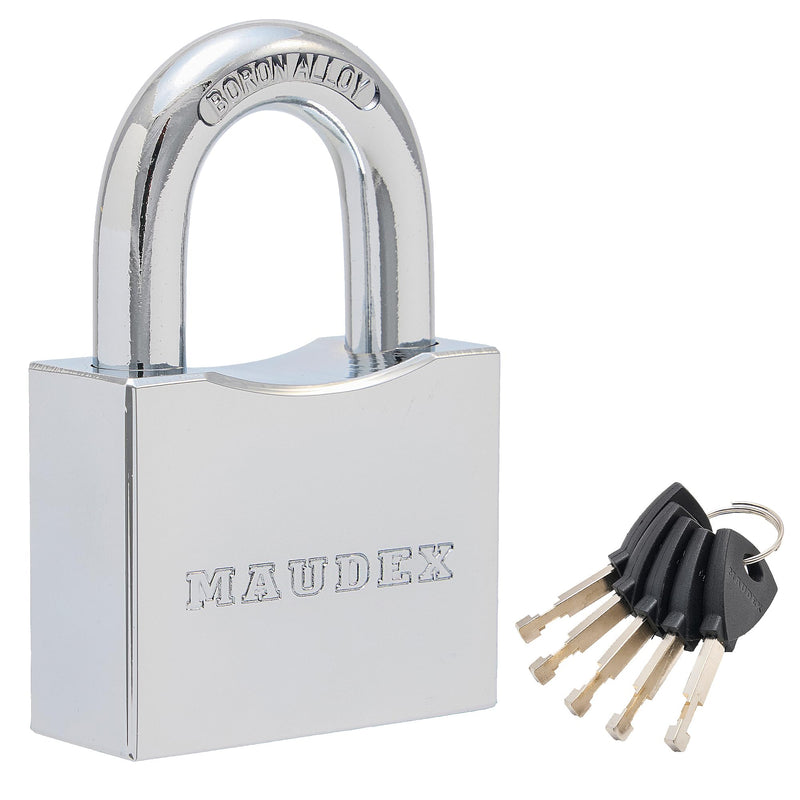 Maudex® RPB50 Heavy Duty Padlock with 5 Keys - 10mm Cut Resistant Hardened Shackle - Weatherproof Chrome Body | Small Keyed Lock for Gym & School Lockers, Gates 50 mm Silver