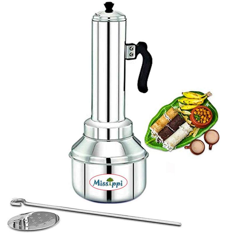 Stainless Steel Puttu Maker/Puttu Kudam with Steamer Plate,Steel Stick and Lid- 1 Unit - Long - 7 Inch