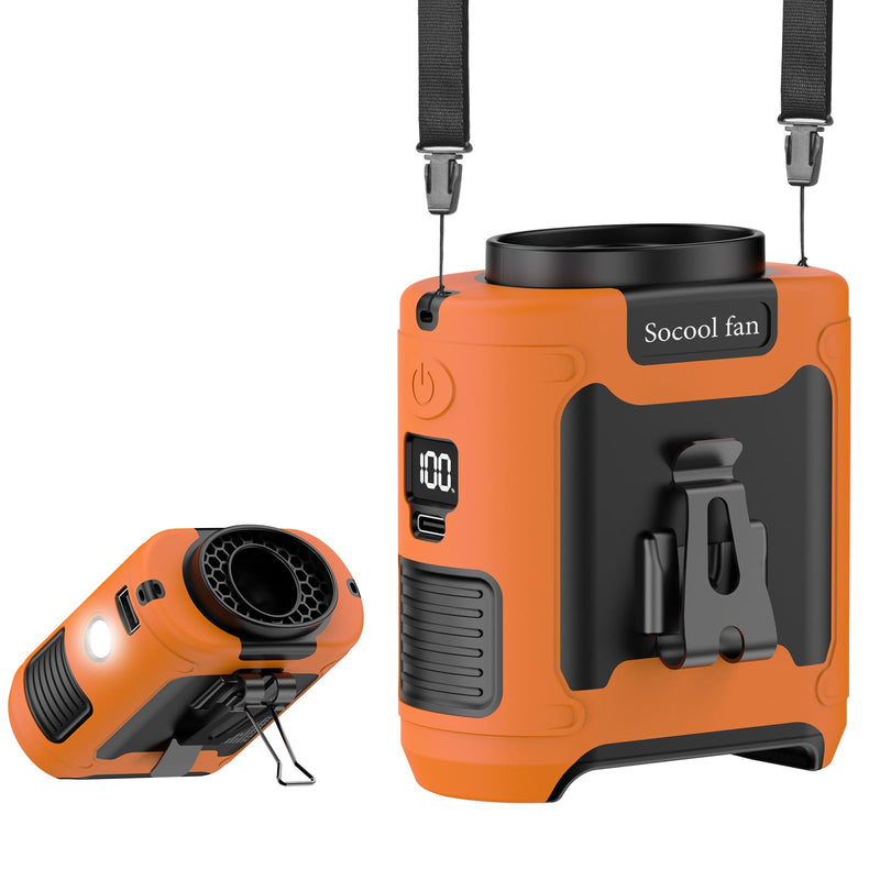 Socool 10000mAh Portable Waist Fan Clip On Personal Fans Rechargeable, 67H Cooling Wearable Belt Shirt Fan with 5 Speed Wind Adjustable & LED Light, Hanging Neck Fan for Outdoor Jobsite Camping Orange