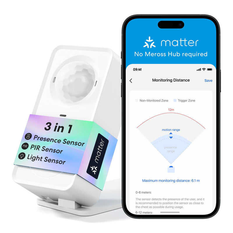 meross Matter Human Presence Sensor, 3-in-1 PIR & Light & mmWave Radar Motion Sensor, AI Motion Detector for Matter Smart Home Automation, Supports HomeKit, Alexa, Google, Home Assistant, 2.4GHz Wi-Fi US
