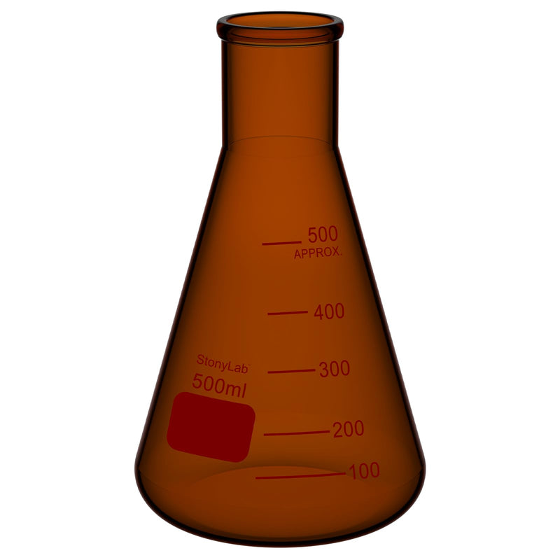 stonylab Borosilicate Glass Amber 500 ml Heavy Wall Narrow Mouth Erlenmeyer Flask with Heavy Duty Rim, Flat Bottom, Ideal for Mixing, Heating, and Lab Experiments