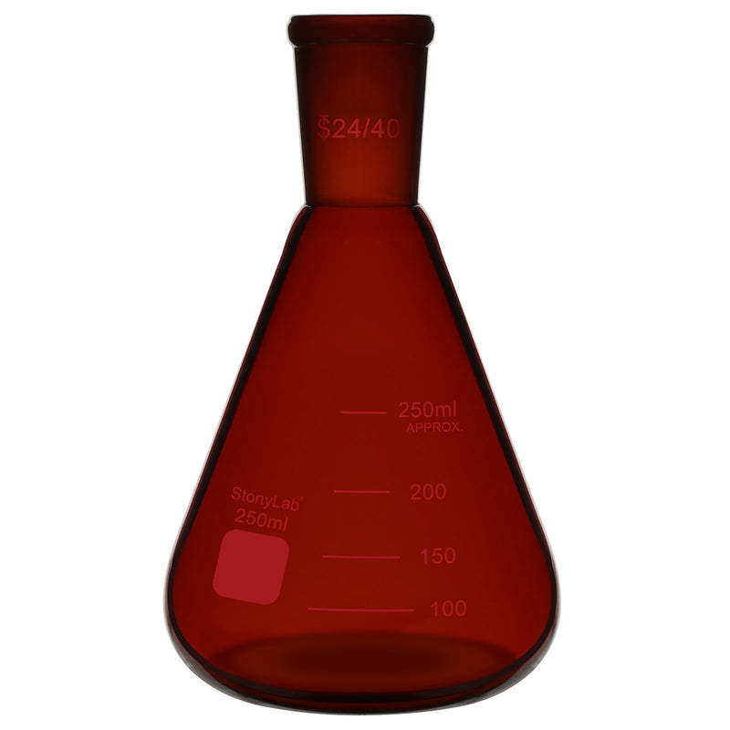 stonylab Amber Erlenmeyer Flask with 24/40 Standard Taper Outer Joint, Borosilicate Glass Heavy Wall Flask in 250 ml Capacity, Ideal for Mixing, Heating, and Lab Experiments