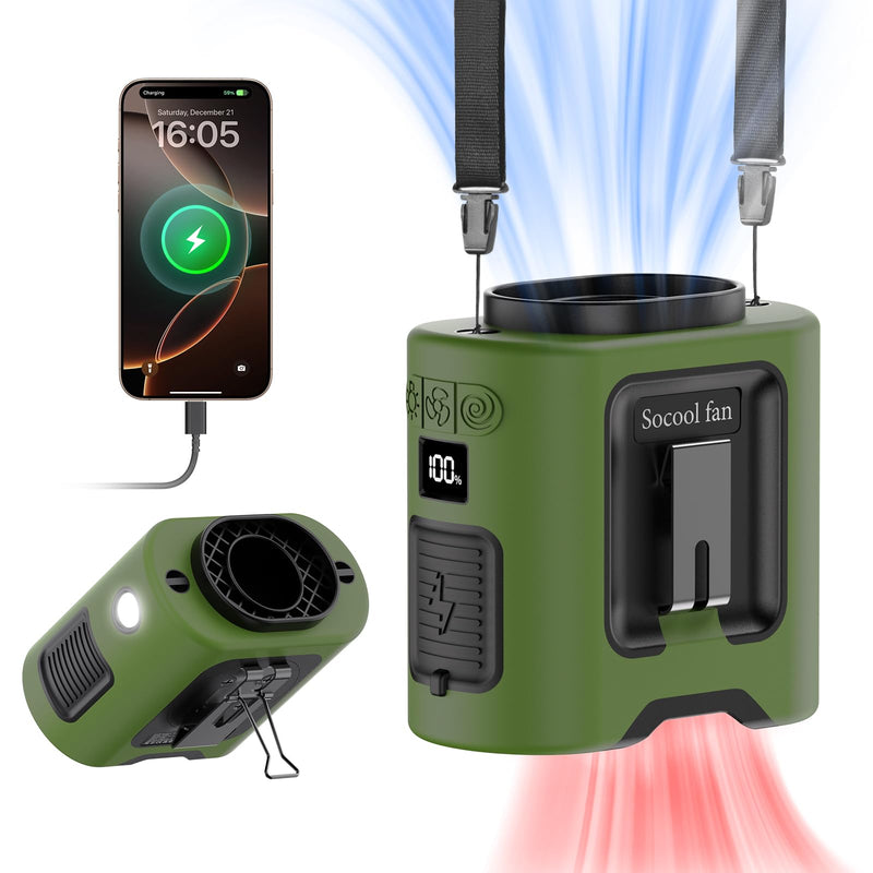 Socool 14500mAh Portable Waist Fan with 360 Rotation, Rechargeable Mini Personal Clip On Belt Shirt Fan 67Hrs Cooling Wearable Hanging Neck Fans with 5 Speeds & LED Light For Outdoor Working Jobsite Green