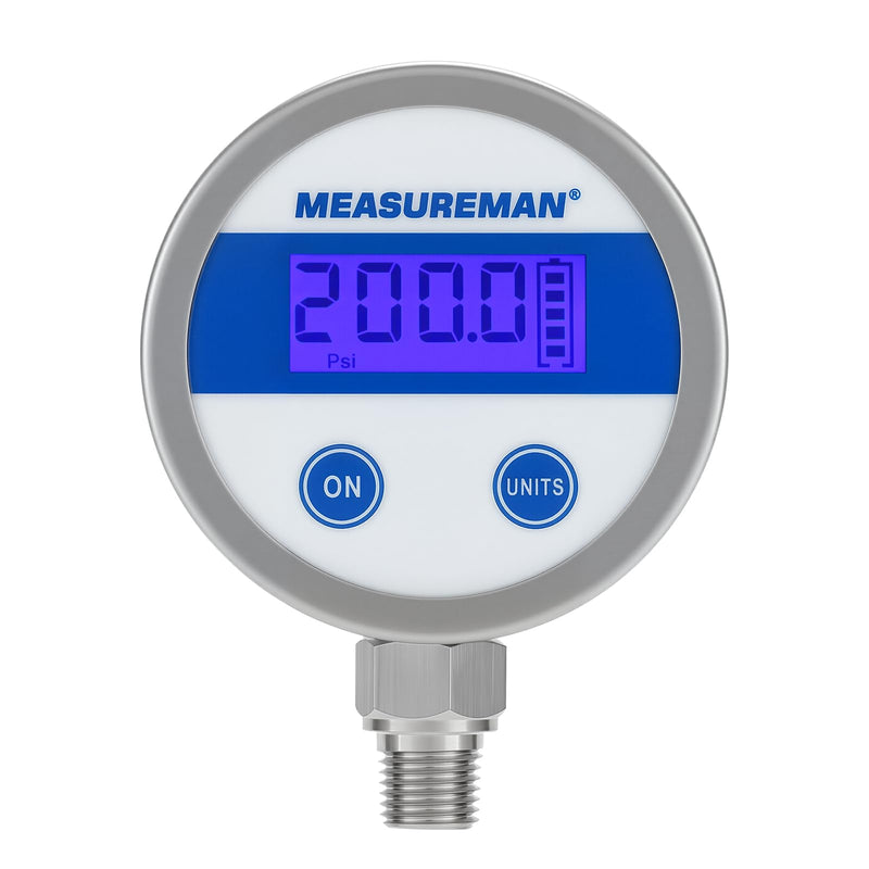 MEASUREMAN Economy Digital Pressure Gauge 2.5" Blue Backlit LCD, 0-200 PSI All Stainless Steel Case 1/4" NPT Connection 1% Accuracy 0-200psi