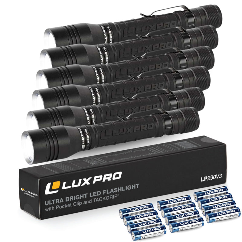 LUXPRO LP290V3 LED Flashlight - Bright 300 Lumens with 3 Light Modes - Aircraft-Grade Aluminum with IPX4 Waterproof Protection & Patented TackGrip - Camping, Outdoor, Home - Batteries Included 6 Pack Black