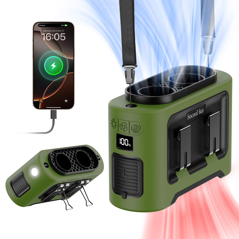 Socool 14500mAh Portable Waist Fan Clip On Wearable Belt Shirt Fan 5 Speeds with Dual Air Outlet & Flashlight Personal Hanging Neck Fans Battery Operated Rechargeable 40H Cooling For Camping Jobsite Green