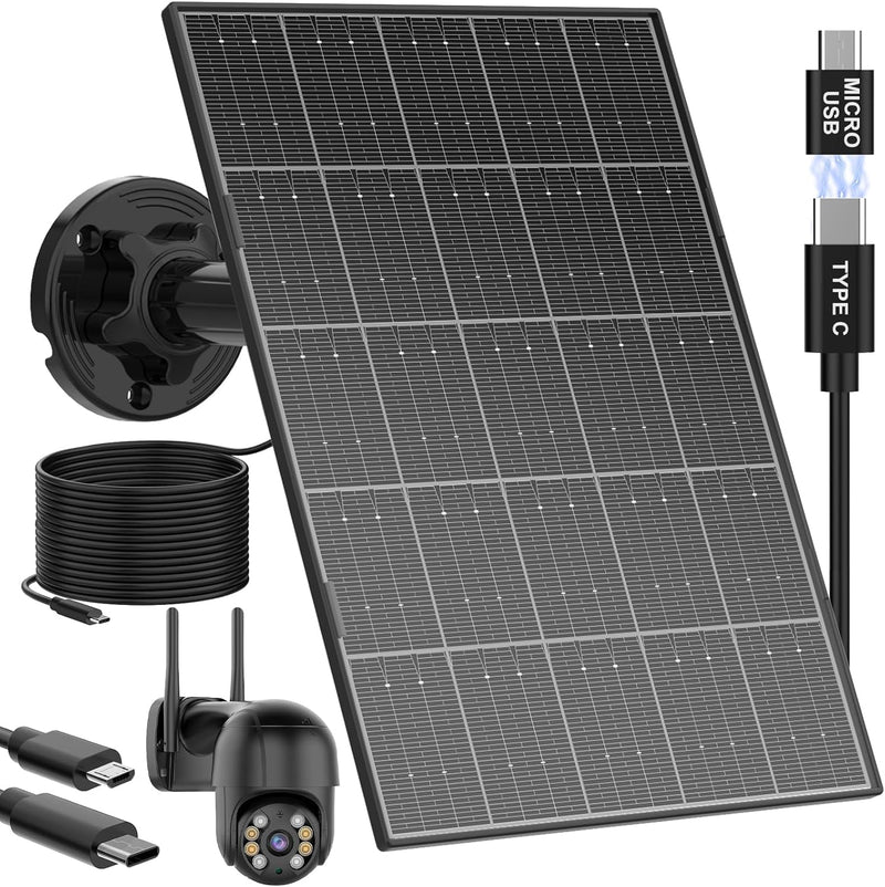 Solar Panel for Security Camera, 8W Solar Panel with Micro USB & USB-C Port for DC 5V Outdoor Rechargeable Battery Camera, IP65 Waterproof, 360° Adjustable Security Mount, 10FT Cable 1