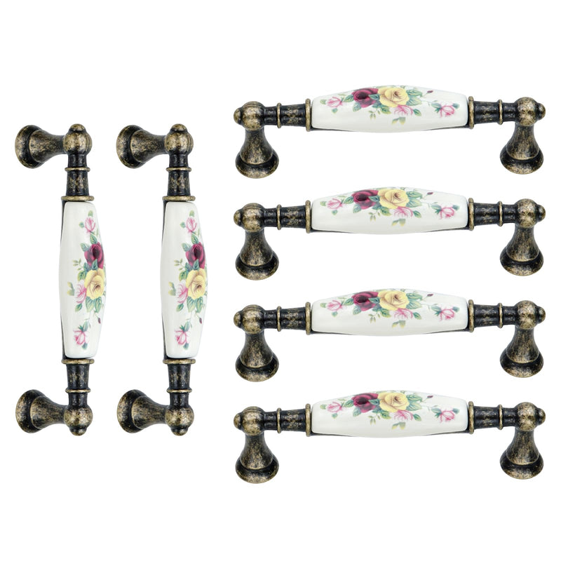 6pcs Floral Ceramic Cabinet Pulls 3.78" Holes Center to Center Drawer Pull Antique Flower Dresser Handles for Furniture Closet Wardrobe, with Screws Double Hole, 3.78"