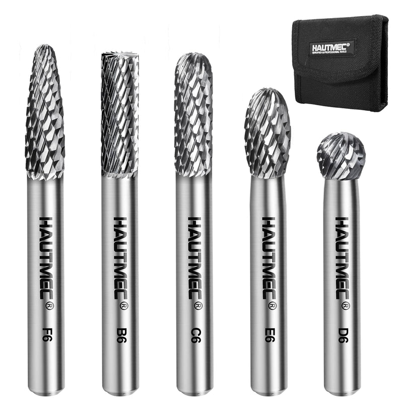 HAUTMEC 5Pcs Tungsten Carbide Rotary Burr Bit YG6, 1/4" Shank Double Cut Die Grinder Bit with Belt Pouch, Low Vibration Precision Rotary File for Metal Grinding, Engraving & Deburring (6MM), HT0453 6MM | 5Pcs Set