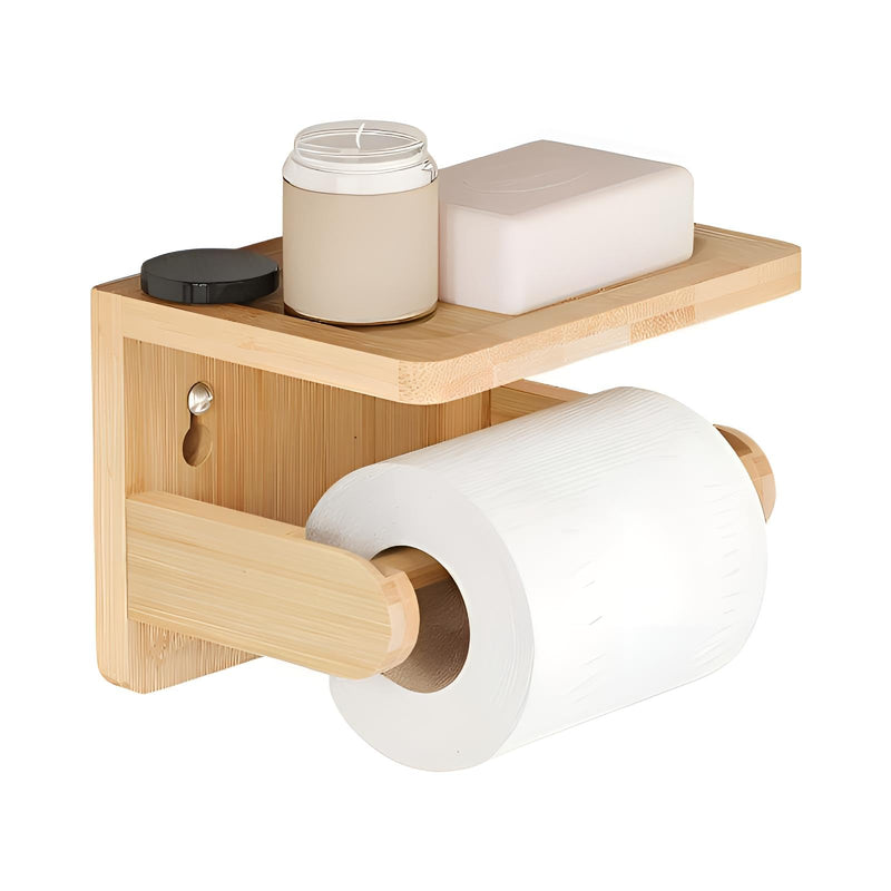 Drill-Free Toilet Paper Holder with Phone Shelf Bamboo Wall-Mounted, No-Drill & Drillable, Bathroom Storage Organizer, Space Saver Tissue Roll Rack for Bathroom, Kitchen, Home Decor (Natural) Natural