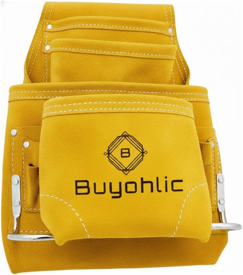 Buyohlic Heavy-Duty Suede Carpenter's Tool & Nail Bag – 10-Pocket Construction Pouch, Dark Tan