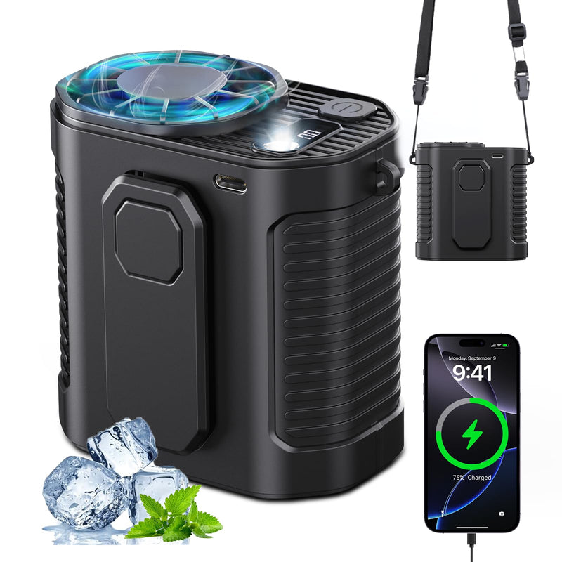 Portable Waist Fan, 10-Speed Body Fan with LED Light, Hands-Free Wearable Belt Clip Waist Fans, 10000mAh Personal Rechargeable Cooling Device, Dual Clips & Power Bank, for Camping, Outdoor, Jobsite Black