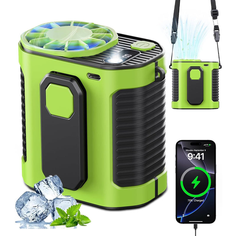 Portable Waist Fan, 10-Speed Rechargeable Body Fan with LED Light, Hands Free Wearable Belt Clip Waist Fans, 10000mAh Battery Cooling Device, Dual Clips & Power Bank, for Camping, Outdoor, Jobsite Green