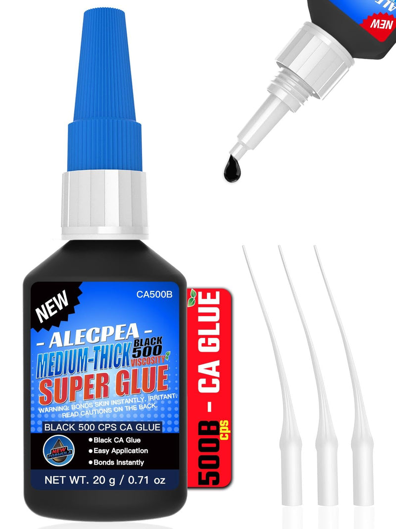 20g Black Medium-Thick CA Glue (500 CPS),Premium Cyanoacrylate Super Glue for Wood, Glass, Metal, Paper, Leather, Plastic, Ceramic, Rubber, Jewelry, Woodworking, Hobby Models, and Craft Project 20g/1Pack Black/500CPS