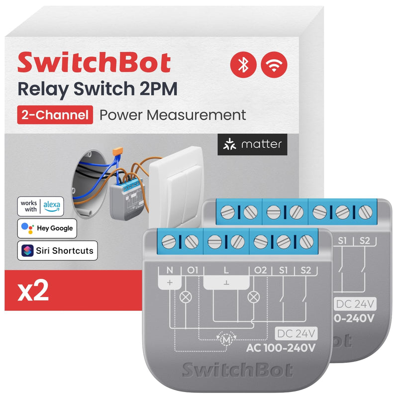 SwitchBot Smart Relay Switch 2PM, Power Metering, Dual Light Control, Built-in Bluetooth Repeater, Wi-Fi&Bluetooth Switch Compatible w/Alexa/Apple Home/Google Home/Matter Hub Required, 2.4GHz Relay 2PM (2pack)