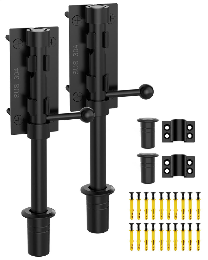 304 Stainless Steel Slide Bolt Gate Latch, 8-Inch Sliding Barrel Bolt Door Lock, Heavy Duty Ground Latches Hardware for Wooden Shed Barn Doors, Gate, Outdoor Fence, Yard (Black-2pcs 8inch) Black-2pcs 8inch