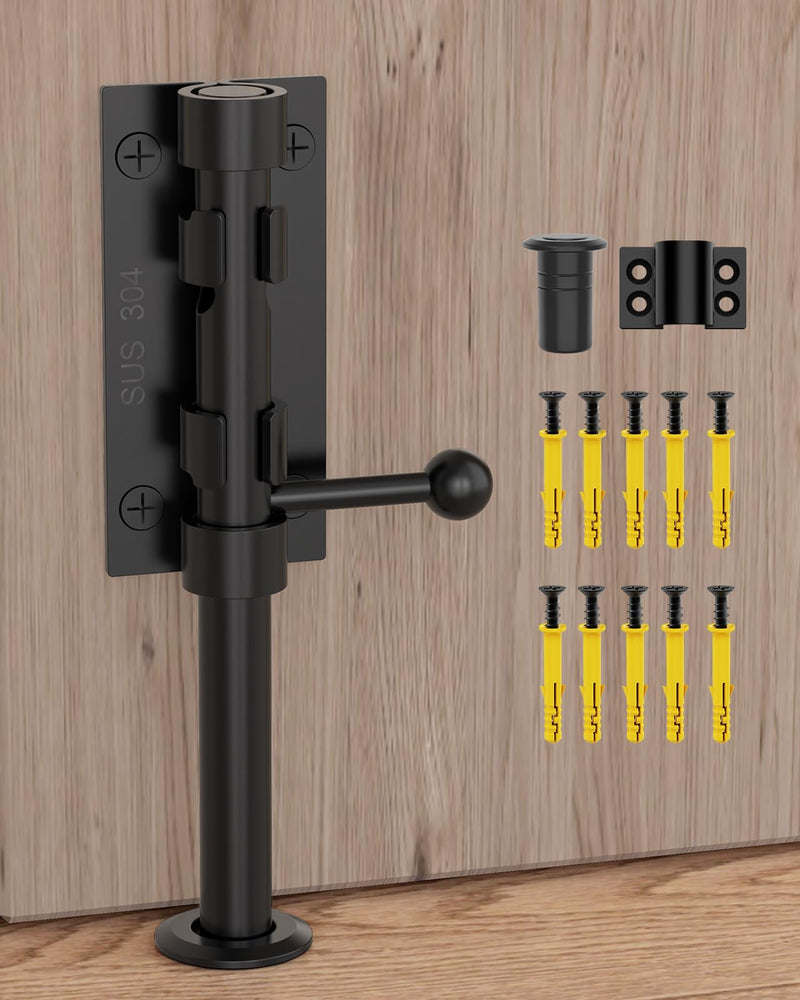 304 Stainless Steel Slide Bolt Gate Latch, 8-Inch Sliding Barrel Bolt Door Lock, Heavy Duty Ground Latches Hardware for Wooden Shed Barn Doors, Gate, Outdoor Fence, Yard (Black-1pc 8inch) Black-1pc 8inch