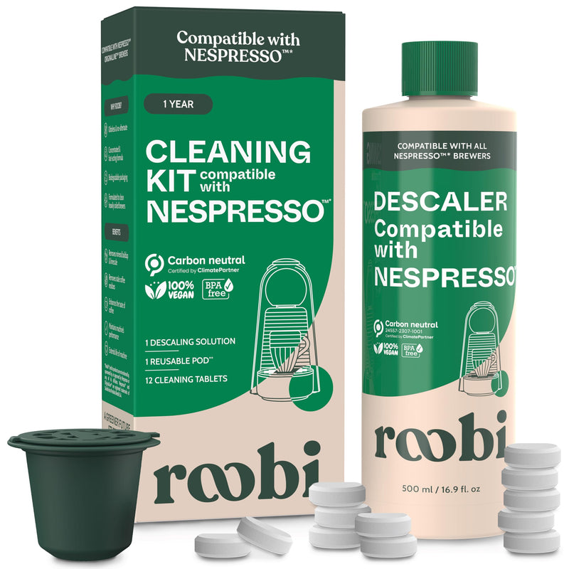 Roobi Descaling and Cleaning Kit Compatible with Nespresso Originaline. Includes 1 Bottle of Descaling Solution, 12 Cleaning Tablets and 1 Reusable Pod. Carbon Neutral. 1 Year Supply. Descaling & Cleaning Kit