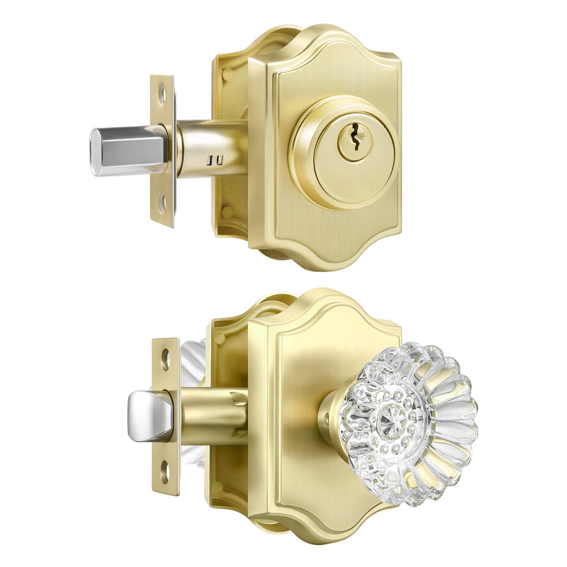 1 Pack Brass Combo Sets, Modern Gold Crystal Door Knobs Interior with Single Cylinder Deadbolt,Satin Brass Finished Deadbolt Set-1pack Satin Brass