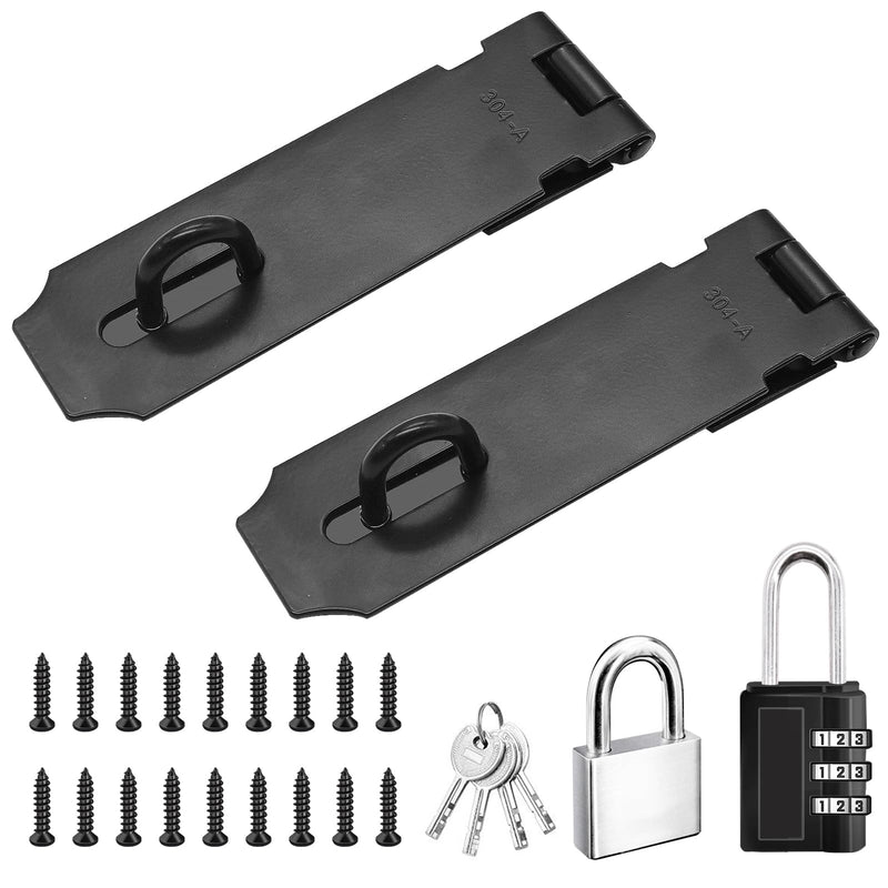 5 Inch Door Locks Hasp Latch 2 Pack,304 Stainless Steel Safety Padlock Clasp Hasp Lock Latch with Combo Lock & Padlock,Heavy Duty Gate Latch Lock with Screws(Black) 5inch-Black