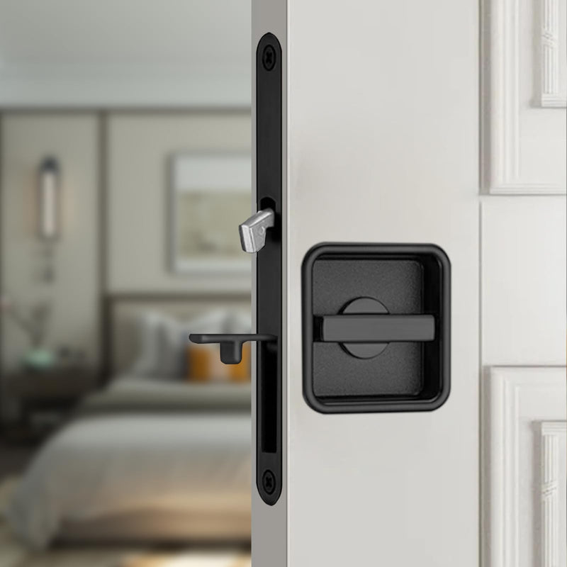 Pocket Door Lock Hardware Set - Privacy Handle with Hidden Pull & Recessed Latch, Fit for 1.77" to 2" The Thickof Wooden Doors (Black, Square) Black