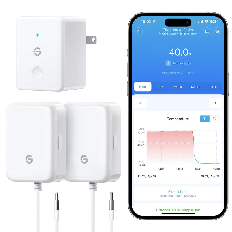 GoveeLife WiFi Refrigerator Thermometer with Alarm, Wireless Digital Freezer Temperature Gauge with App, 2 Years Free Data Export, for Home Kitchen Fridge Hot Tub 2 Pack（Only Support 2.4G Wi-Fi） 1 Gateway+2 Sensor