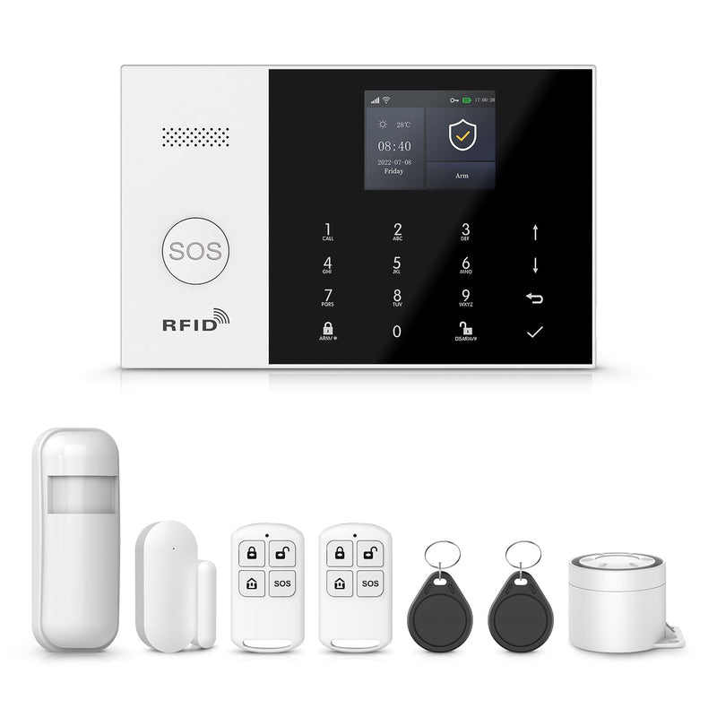 PGST 8 Pieces Smart Home Alarm System,Wireless Door Alarm Sensors,Motion Detector,Remote,4G SMS/Call/Tuya App Real-Time Alerts,Compatible with Alexa/Google for House,Villa,Apartment,Kids Safety 8 PIECE KITS
