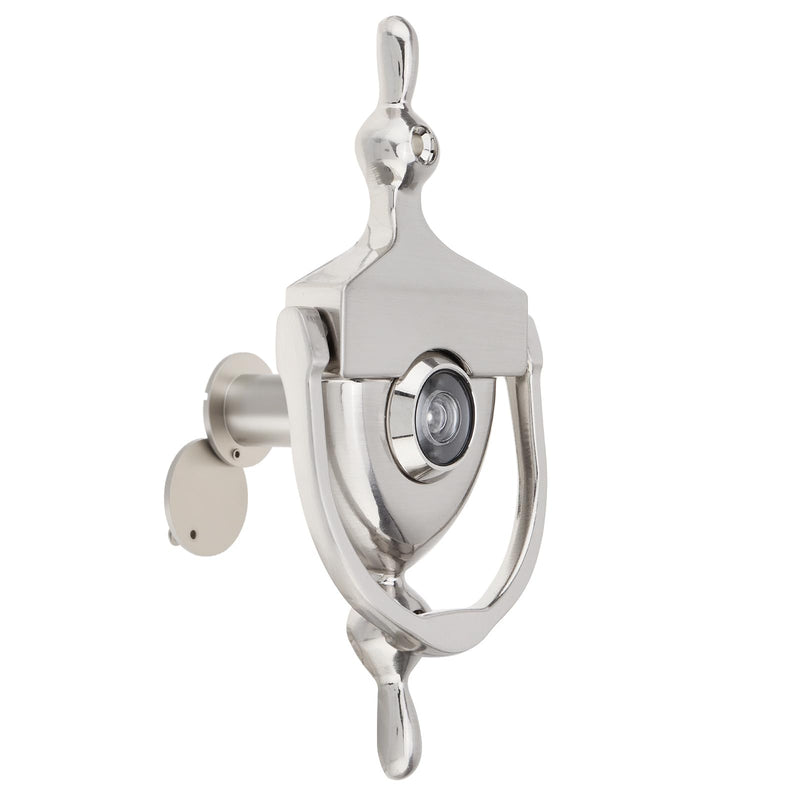 Door Knocker and Viewer, 6 Inch Height Knocker, 180-Degree Solid Brass Peephole with Privacy Cover, 9/16 inch Bore, for 1-3/8" to 2-1/4" Thickness Door (Brushed Nickel) Brushed Nickel