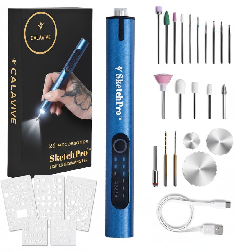 SketchPro Cordless Engraving Pen with LED Light – 3-Speed Precision Etching Tool for Wood, Metal, Glass & Plastic – USB-C Rechargeable, 26 Accessories – Ideal for DIY, Jewelry & Craft Projects