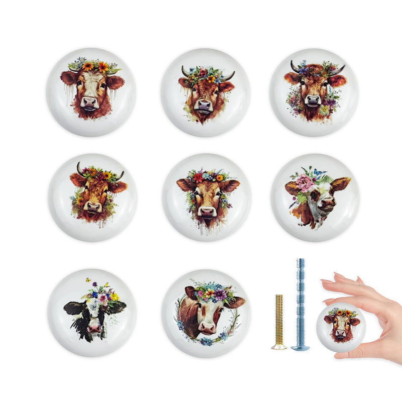 JamJam Set of 8 1.5" Ceramics Cow and Flower Knob Unique Farmhouse Rustic Cabinet Kitchen Dresser Drawer Knobs or Pulls