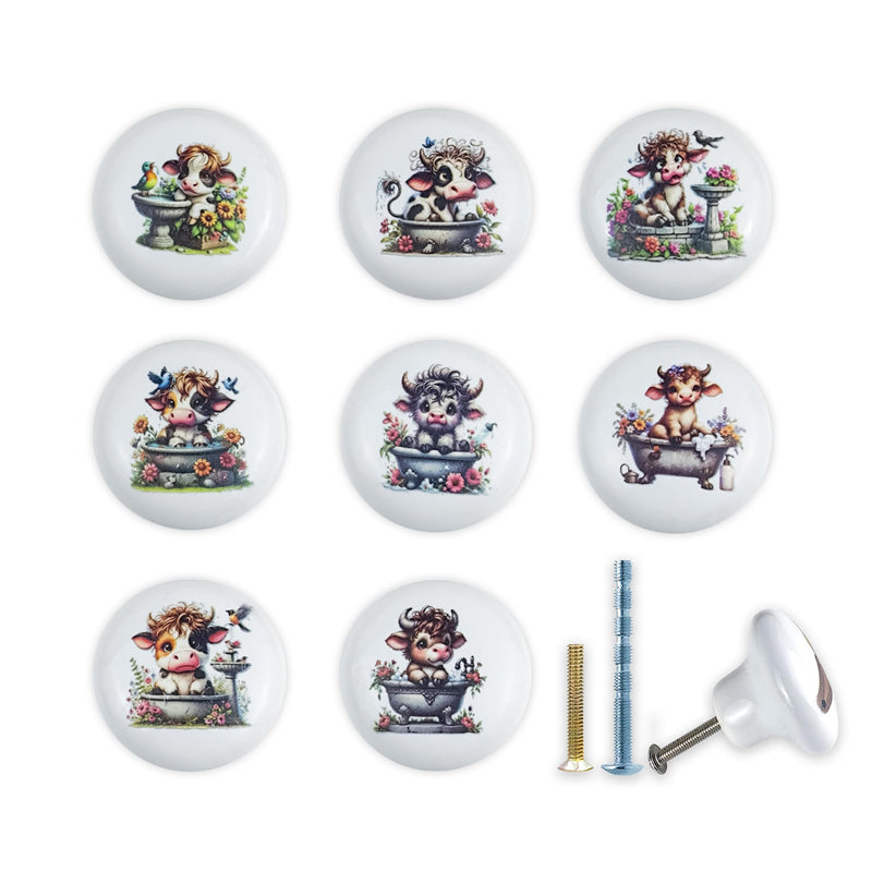 JamJam Set of 8 1.5" Ceramics Cow with Flower Knobs Unique Rustic Farmhouse Kitchen Cabinet Knobs Dresser Drawer Pulls