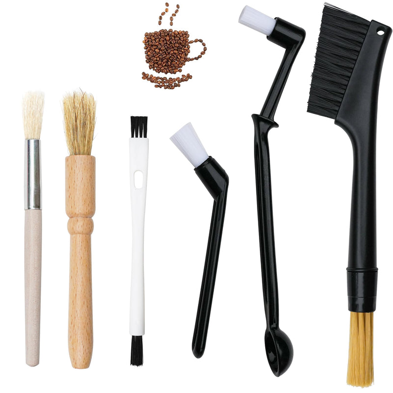 6-piece coffee grinding brush set, coffee grinding natural bristle brush and nylon espresso brush, coffee machine dust removal cleaning brush